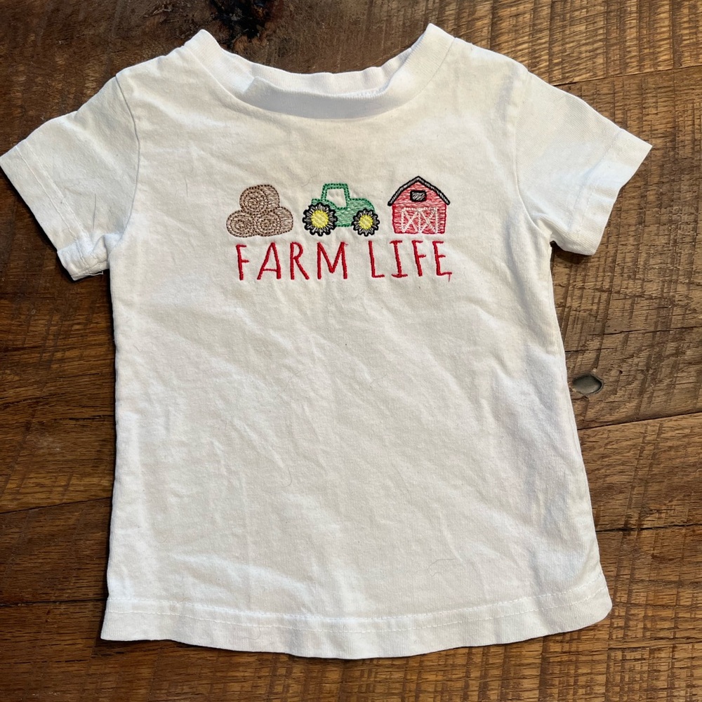 Rabbit Skins White Kids "Farm Life" Embroidered Tee with Green Tractor